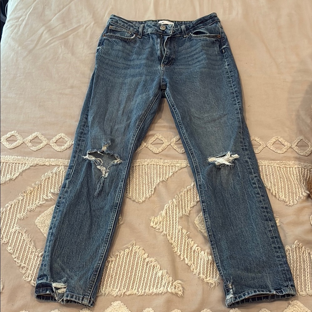 Zara Blue Boot Cut Jeans with Distressed Details